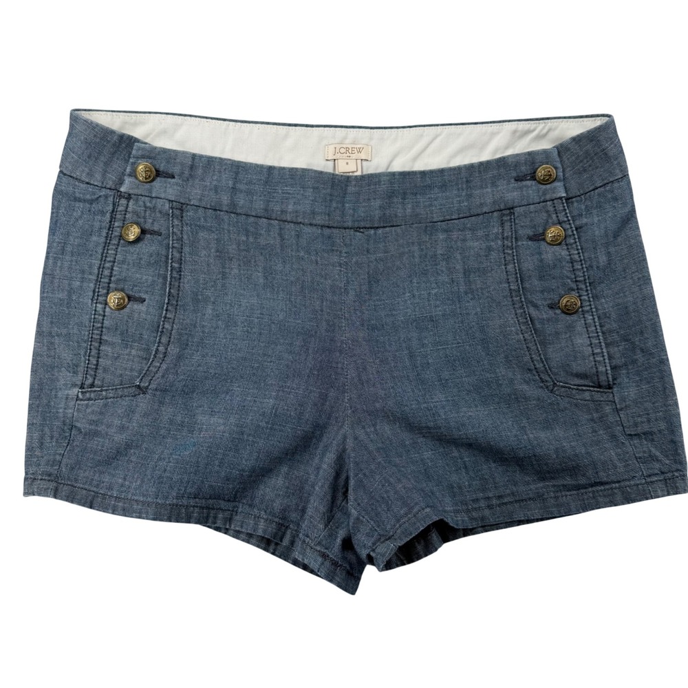 J.Crew Women Sailor Shorts Size 8 Blue Chambray 100% Cotton Gold Anchor Button